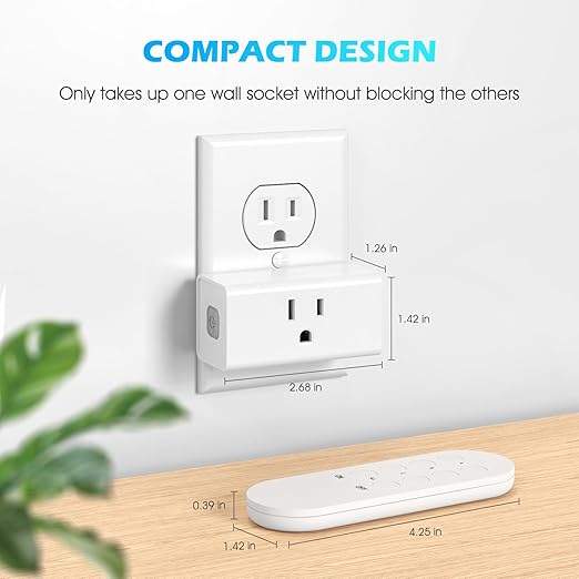 Mini Remote Control Outlet Plug, 15A Wireless Light Switch Plug for Household Appliances, Up to 260 FT Long Range, 5 Outlets + 2 Remotes
