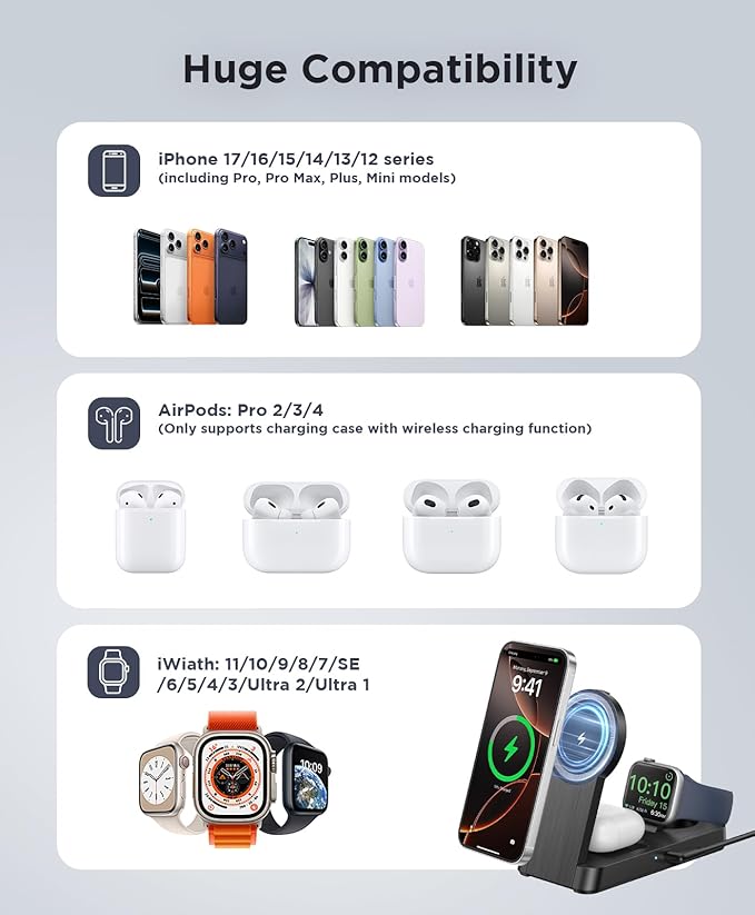 3 in 1 Magnetic Wireless for iPhone Charging Station: Foldable Portable Charger for iPhone 17-12 Pro Max & Apple Watch & AirPods, for Apple Multiple Devices Charger for Home,Office&Travel