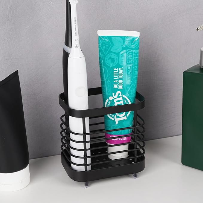 Wall Mount Toothbrush Holder for Bathroom, Stainless Steel Rustproof Toothbrush and Toothpaste Holder Organizer, Electric Toothbrush Holder Self Adhesive Wallmount/Countertop Organizer(Black Small)