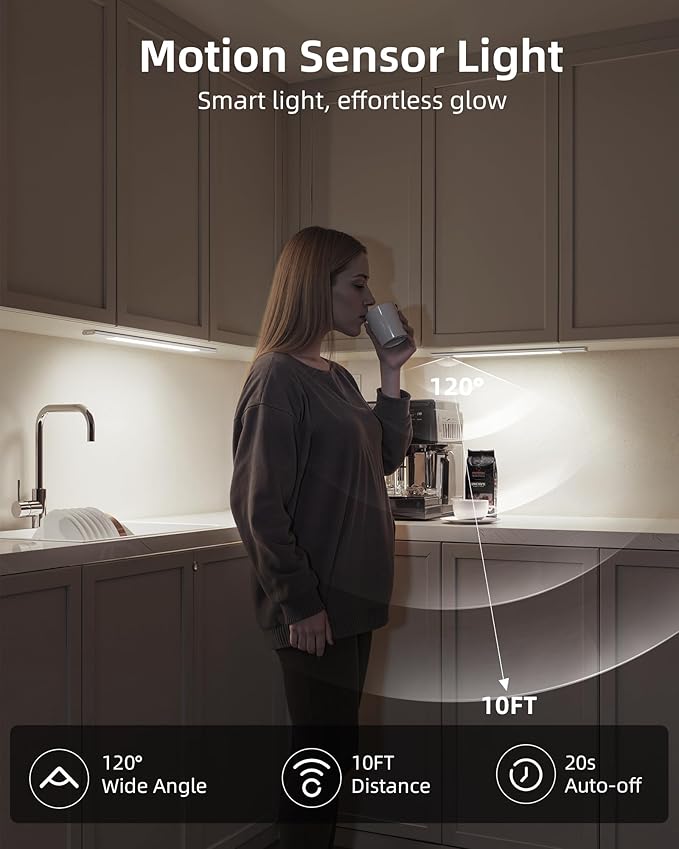 EZVALO Under Cabinet Lighting, Motion Sensor Closet Lights with Extra Detachable Battery, 76 LEDs Dimmable, 3 Color Temps, Under Counter Lights for Kitchen, Wardrobe