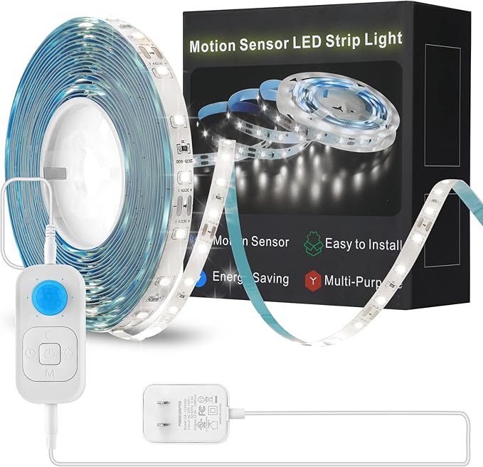 Motion Sensor LED Strip Light - Cabinet Strip Lights with 24W Plug, Dimmer, and Timing, 9.84ft for Under Cabinet, Kitchen, 6000K ColdWhite