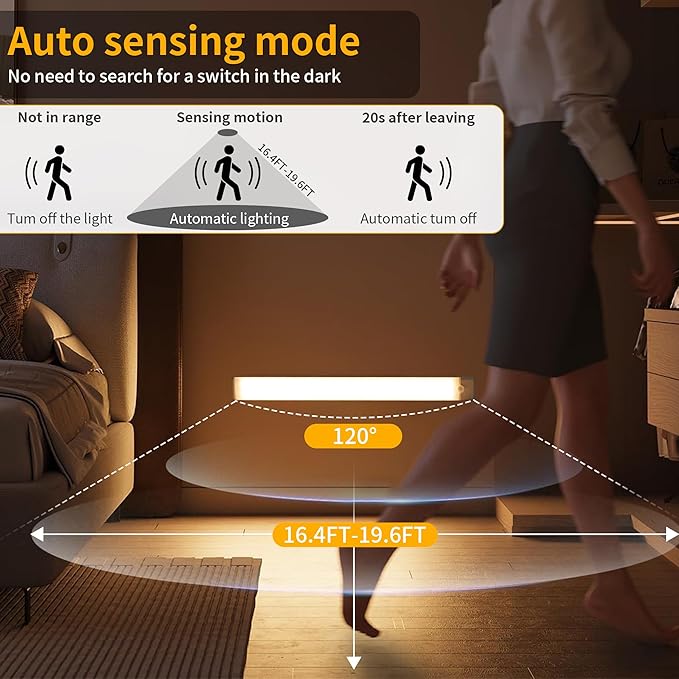 Wireless Under Cabinet Lighting 12 Inch 3 Pack, 1500mAh Magnetic Motion Sensor Light USB C Rechargeable Closet Lights, 3 Color Dimmable LED Night Light Stick on Under Counter Lights for Kitchen Stairs
