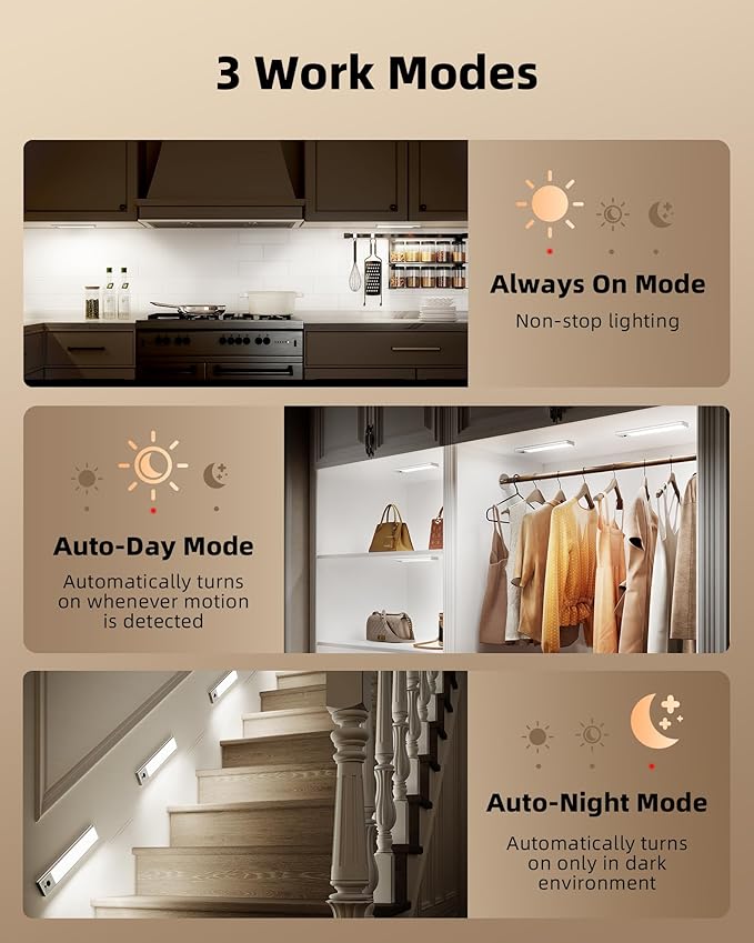 EZVALO 5-Pack Under Cabinet Lighting, 3300mAh Rechargeable Motion Sensor Light, 12inch Magnetic Closet Lights with Dimmable & 3 Color Temps, Wireless Motion Activated Lights with Remote for Kitchen