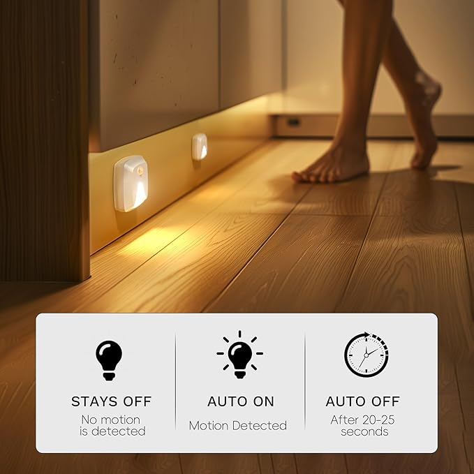 innofox 6-Pack Stick-on Motion Sensor Lights, Warm White LED Night Light, Stick-Anywhere Stair Lights, Closet Light, Battery Operated Wall Light for Kitchen, Hallway, Bedroom, Bathroom, Stairs