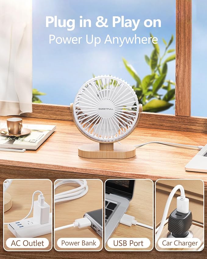 SWEETFULL Small USB Desk Fan 6.5 Inch, 3 Speeds Portable Personal Desktop Table Fan, Dual 360° Adjustment Mini Fan, Quiet Operation, for Home Office Car Outdoor Travel (White wood grain)