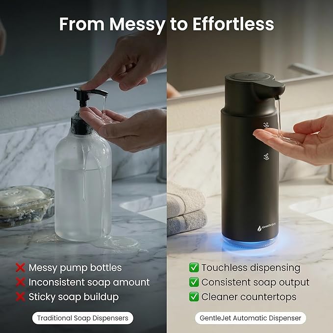 GentleJet CrystalJet Automatic Liquid Soap Dispenser Touchless Sensor, Stainless Steel, USB-C Rechargeable, Waterproof Kitchen & Bathroom Countertop Soap Dispenser, 300 ml