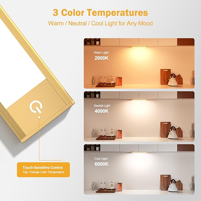V4light Rechargeable Motion Sensor Under Cabinet Light, Magnetic LED Bar with 1500mAh, Gold Aluminum Accent Lighting, Dimmable 3 Color Temperatures for Kitchen Cabinets, Shelves & Closets (9 in)