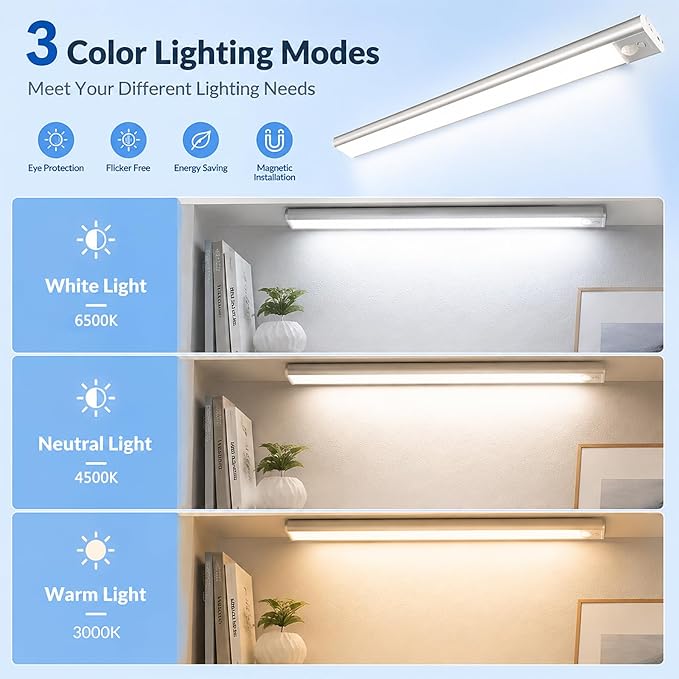 16-Inch Under Cabinet Lighting Rechargeable 4500mAh, Ultra-Thin Wireless Motion Sensor Indoor Light, Dimmable 3-Color LED Under Counter Lights for Kitchen, 4-Pack