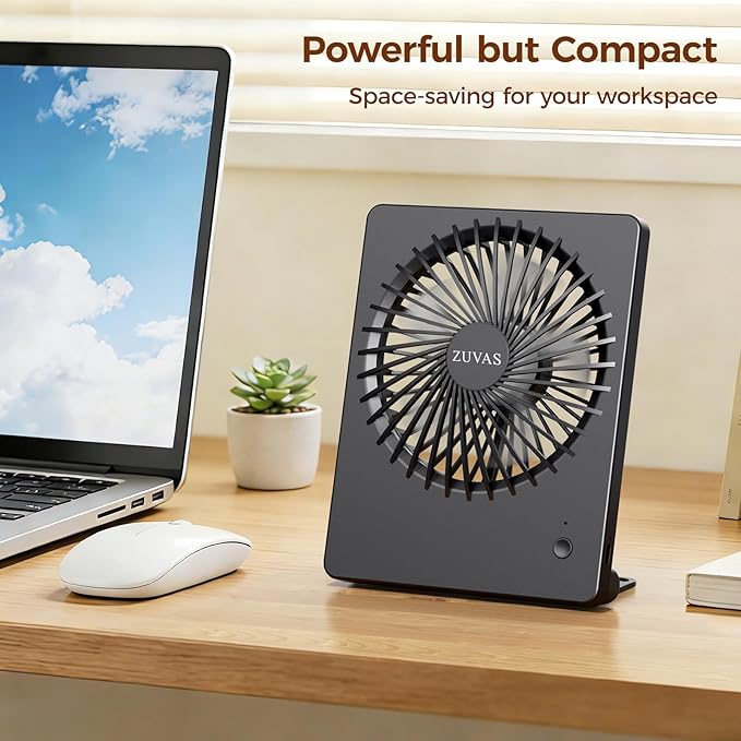 Zuvas Desk Fan Battery Operated Fan Rechargeable 180°Tilt Folding Personal Fan Ultra Quiet Small Portable 3 Speed Adjustable Strong Wind Fan For Office Bedroom Home Desktop Camping (Black)