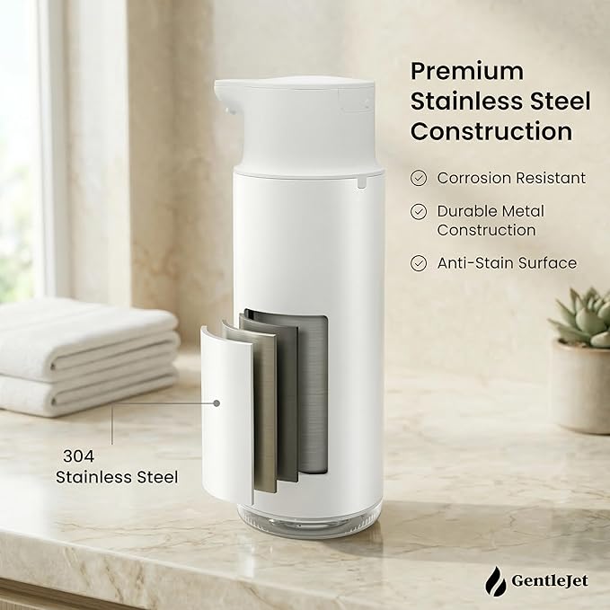 GentleJet CrystalJet Automatic Liquid Soap Dispenser Touchless Sensor, Stainless Steel, USB-C Rechargeable, Waterproof Kitchen & Bathroom Countertop Soap Dispenser, 300 ml