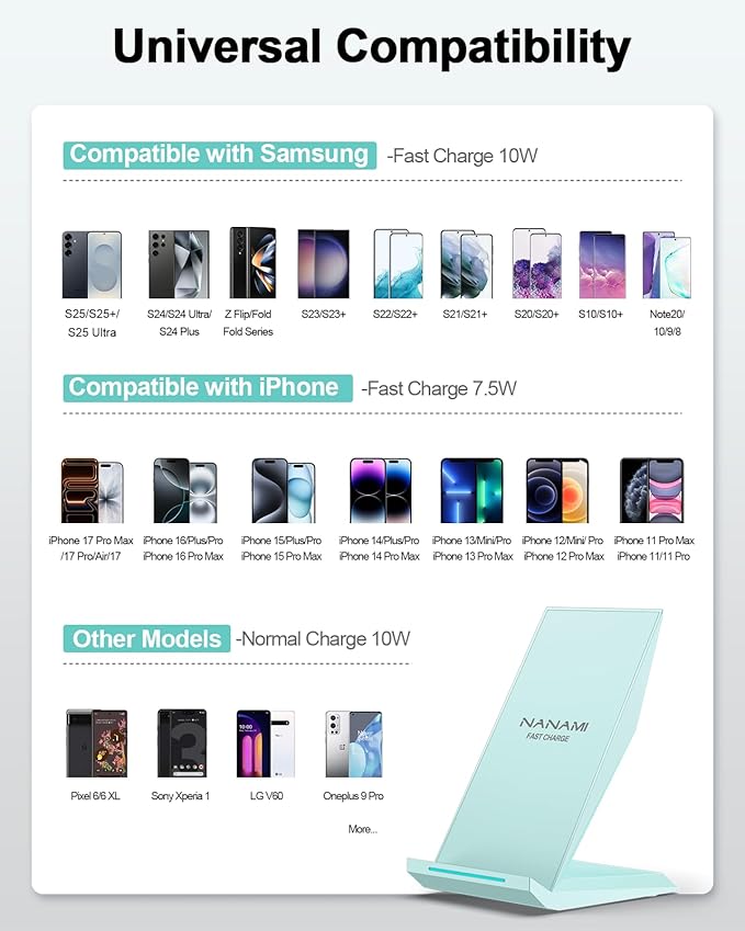 NANAMI Fast Wireless Charger, Charging Stand[with 20W PD Charger] Compatible with iPhone 17/16/15/14/13/12/12, Desktop Charger Stand for Samsung Galaxy S26/S26+/S25/S25+/S25 Ultra/S24/S23/S22/S21/S20