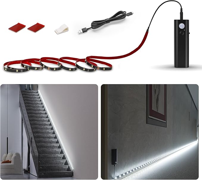 WOBANE LED Closet Light Motion Activated,Battery Powered Stick-on Anywhere,Homelife Motion Sensor Strip Lighting,Rechargeable Night Lights for Closet Hallway Stairway 6.56ft,6000K White,Black