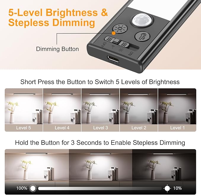 Gritin 14.7inch Under Cabinet Lighting Rechargeable 2 Pack- 3 Color Temps&5 Level Brightness, Super Bright, 4 Modes, Motion Sensor, Long Lasting - Easy Installation Magnetic Under Closet Lights-Black