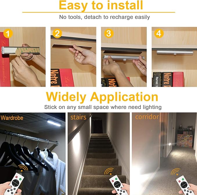 Remote Control Under Cabinet Lighting Wireless 6 Pack, 20-LED Dimmable Closet Lights Rechargeable Under Counter Light, Stick on Touch Night Light Strip Bar for Kitchen Stairway Bedroom, 3 Colors