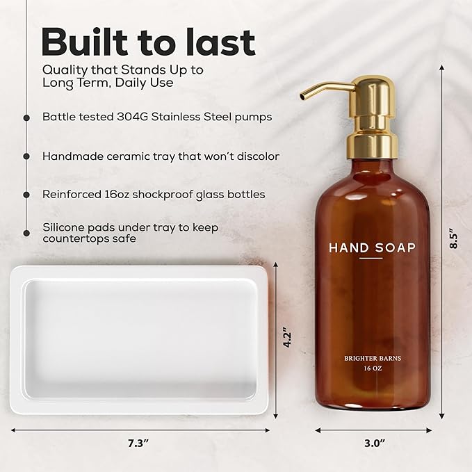 Luxury Glass Soap and Lotion Dispenser Set with Tray by Brighter Barns - Hand Soap Dispenser Bathroom Set w/Stainless Steel Pump - Gold Bathroom Decor for Guest House, Airbnb, Spa, Gift (Amber/Gold)