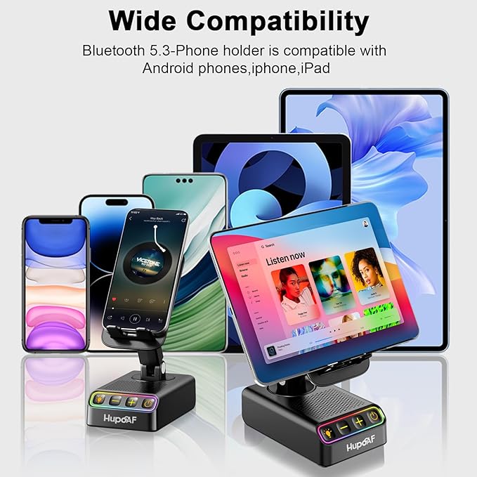 Hupoaf Adjustable Cell Phone Stand with Wireless Induction Bluetooth Speaker, HD Surround Sound for Home and Outdoors, Compatible with iPhone/Samsung Galaxy, 2026 Birthday Gifts for Men Women Dad Mom