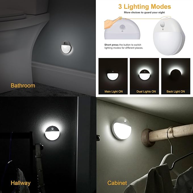 YUNLEX 2 Pack Battery Night Light, Toilet Lights, 2.6" Small Motion Senor Light, Stick on Lights, 3 Light Modes, Dimmable LED Nightlight for Closet, Stairs, Garage, Cabinet, Toliet, Daylight White