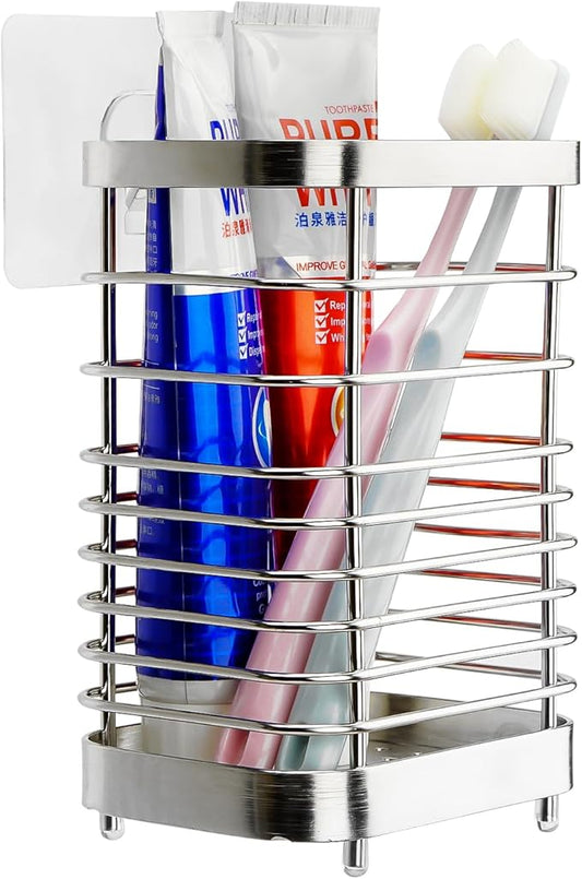 Wall Mount Toothbrush Holder for Bathroom, Stainless Steel Rustproof Toothbrush and Toothpaste Holder Organizer, Electric Toothbrush Holder Self Adhesive Wallmount/Countertop Organizer(Silver)
