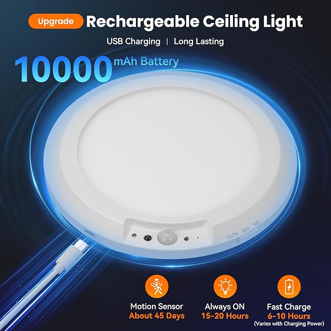 Rechargeable Motion Sensor Ceiling Light Indoor Outdoor w/Remote, 7.08 Inch Battery Operated Flush Mount Ceiling Light 3000K 4000K 6000K 400LM Dimmable for Closet Hallway Laundry Stairs (4)