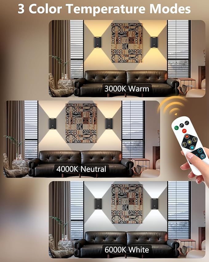 Rechargeable Motion Sensor Wall Sconce Set of 2 – 5000mAh Wireless Battery Operated Wall Light Indoor, 3 Colors Up/Down Lighting Magnetic Night Light with Remote Control for Bedroom, Hallway (Black)