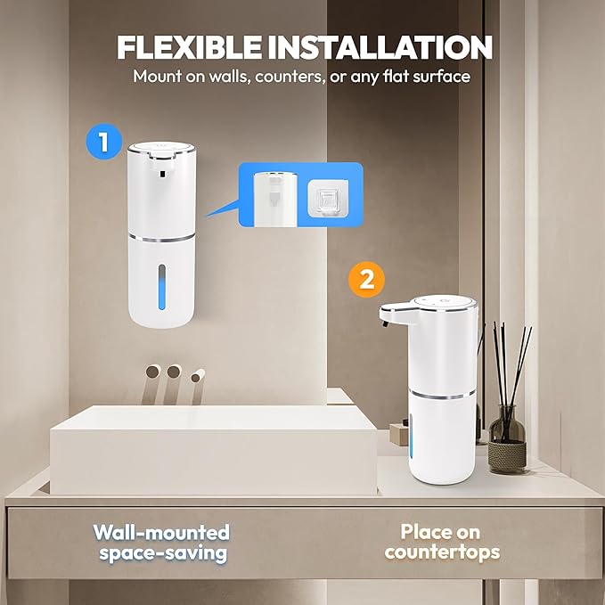 2 Pack Automatic Foaming Soap Dispenser,Touchless Foam Soap Dispenser,12.8oz Rechargeable Wall Mounted Smart for Bathroom and Kitchen Dish Soap,Easy for Toddlers(White)