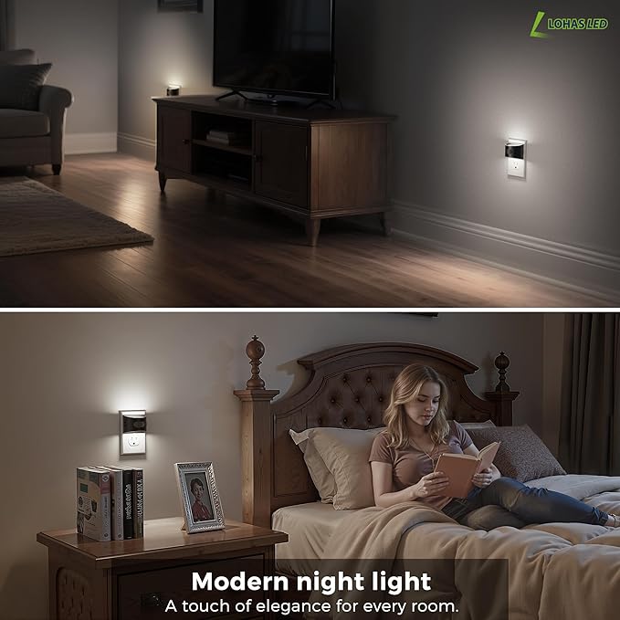 L LOHAS LED Night Light with Motion Sensor & Dusk to Dawn Sensor, Night Lights Plug into Wall with 30-100lm Adjustable Brightness, Dimmable Night Light for Bathroom, 5000K Daylight White, 4 Pack