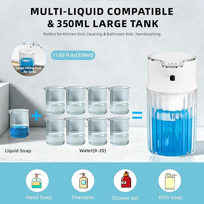 Automatic Foaming Soap Dispenser Touchless, Rechargeable Soap Dispenser,12oz/350ml Smart Hand Soap Dispensers,4-Level Adjustable,Wall Mount IPX5 Waterproof - Level Display for Bathroom Kitchen