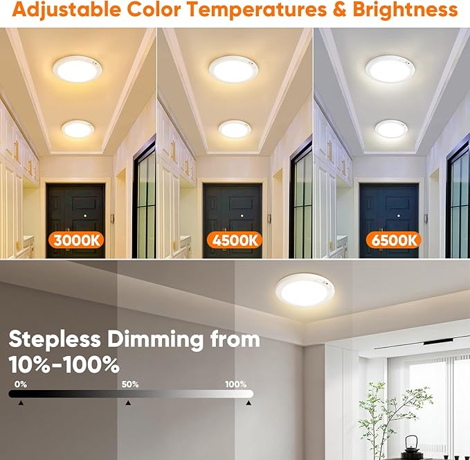 Rechargeable Motion Sensor Ceiling Lights with Remote, Battery Operated Closet Lights No Wiring, Wireless LED Shower Lights, 3 Colors Dimmable Overhead Lamps for Closet Shower Pantry Hallway, 2 Pack