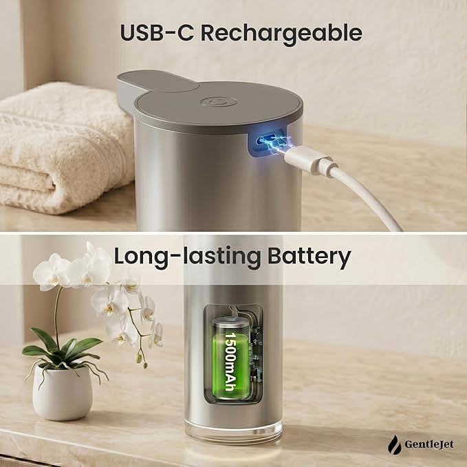 GentleJet EasyFoam Automatic Foaming Soap Dispenser, Touchless USB-C Rechargeable Sensor Pump, 304 Stainless Steel, Adjustable Foam, IPX5 Water-Resistant for Bathroom & Kitchen, 10 fl oz / 300 mL