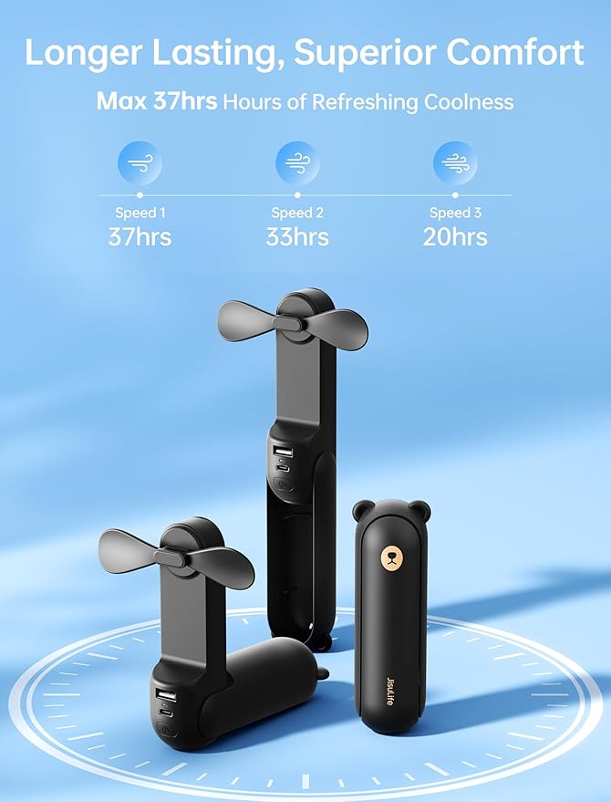 JISULIFE Handheld Fan 8 Plus: All-in-One Mini Fan with 37Hrs Cooling & 4500mAh PowerBank & Flashlight, USB Rechargeable, Portable Pocket Size for Travel, Makeup, Concert, Gifts for Women(Black)