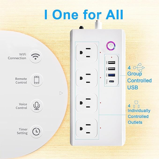 XENON Smart Plug Power Strip，Surge Protector with 4 Individually Controlled Smart Outlets, Voice Control,4 USBs (incl. 20W USB-C), Compatible with Alexa and Google Home,5Ft Extension Cord