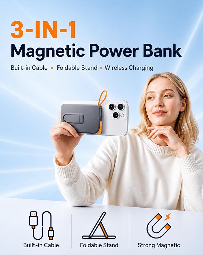 for Magsafe Portable Charger, 3-in-1 Magnetic Power Bank with Stand, 10000mAh Wireless Battery Pack Fast Charging with Built in Cable(USB C), Powerbank for iPhone17/16/15/14/13 Travel & Daily, Green