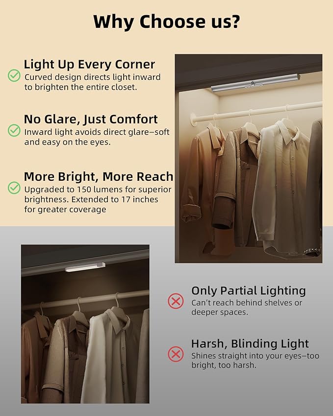 EZVALO 17-Inch LED Motion Sensor Closet Light, Rechargeable 3600mAh Battery, 150 Lumens No-Glare Curved, 3 Color Temperatures & Dimmable Cabinet Light for Wardrobes & Shelves
