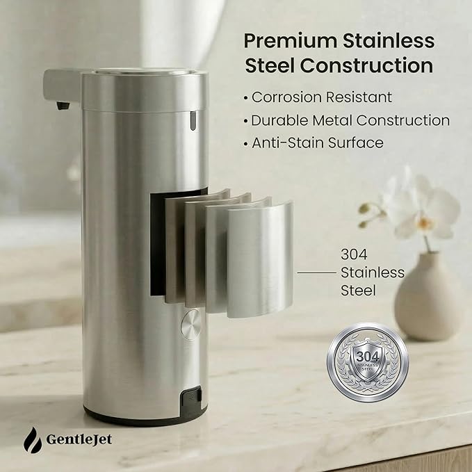 GentleJet SmoothDrop Automatic Liquid Soap Dispenser Touchless, No-Drip Precision Pump, USB-C Rechargeable, 304 Stainless Steel, Waterproof Countertop Dispenser for Kitchen & Bathroom Sink, 270 ml