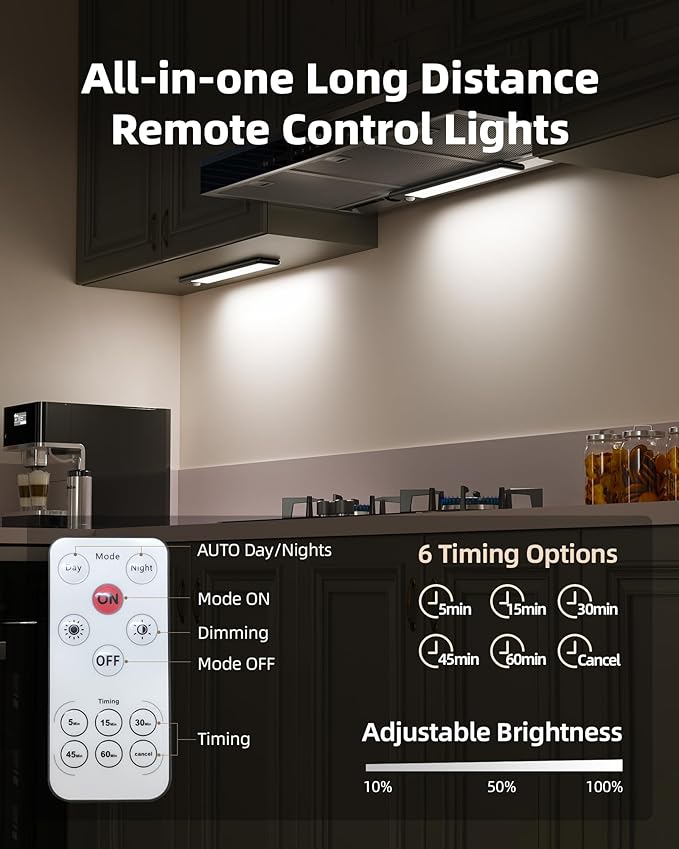 EZVALO 6-Pack Under Cabinet Lighting, 1600mAh Motion Sensor Light, Black LED Closet Lights Wireless, 6500K Dimmable, Timer, Magnetic, with Remote Control for Kitchen, Closet, Stair