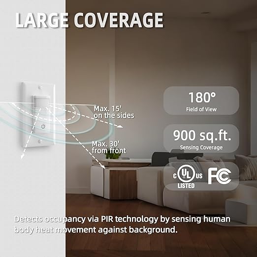 ECOELER Motion Detector Light Switch, PIR Infrared Sensor Switch with Sensitivity & Delay Adjustable, OCC & VAC Selectable, Single Pole, No Neutral Wire, UL Listed & FCC Listed, White, 2 Pack