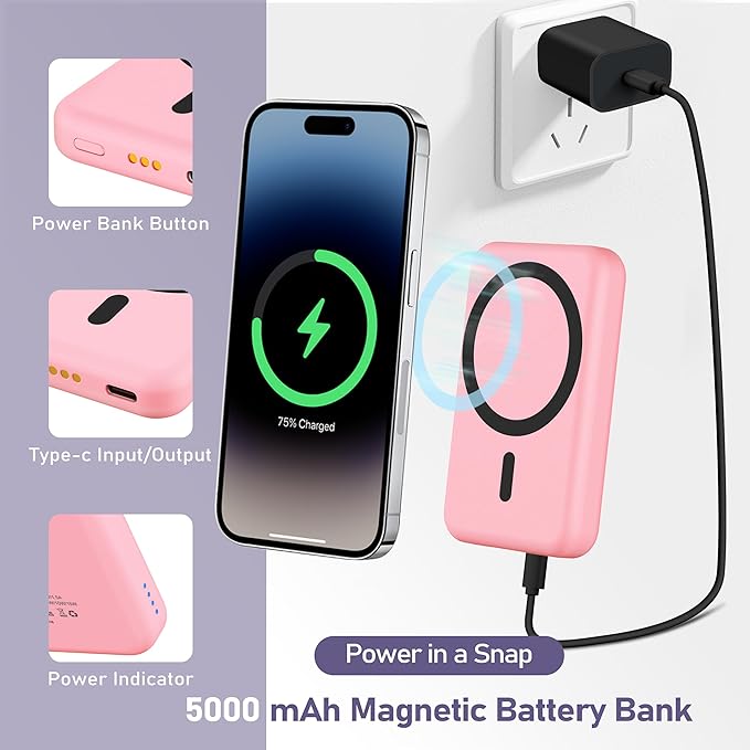 Smtcsl 3 in 1 Wireless Charging Station: 5000mAh Removable Power Bank Charger Stand for Phone/Watch/Air Pods - Portable Magnetic Battery Pack for Air 17 16 15 14 13 12 Series Pink