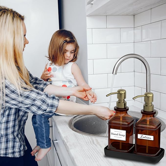 LMQML Soap Dispenser - 2 Pack, Antique Design Thick Amber Glass Hand Soap Dispensers with Sturdy Tray; 304 Rust Proof Stainless Steel Black Pump, 12Pcs Stickers, for Kitchen, Bathroom - Brushed Gold