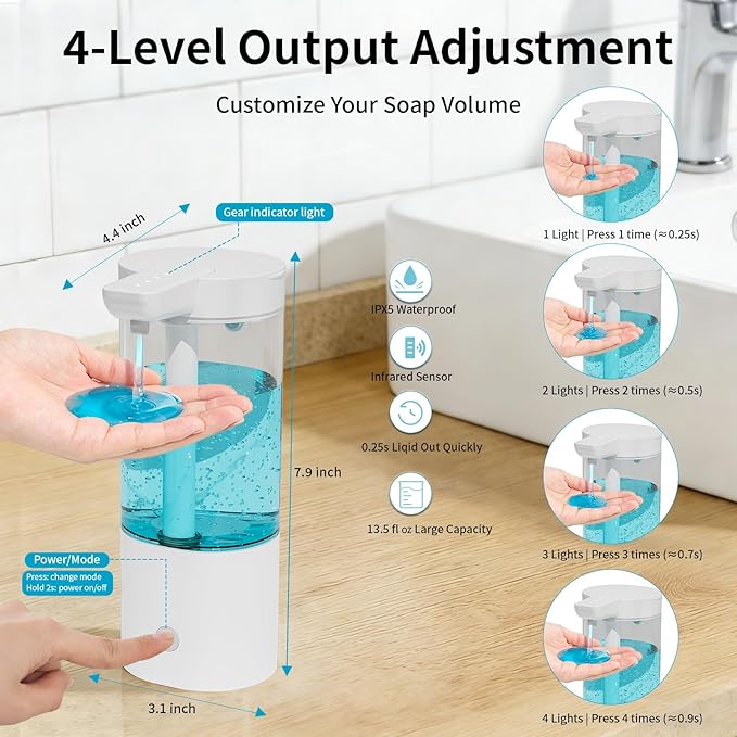 Automatic Liquid Soap Dispenser Touchless, USB Rechargeable Smart Hand Soap Dispenser, 4-Level Adjustable, 13.5oz/400mL Wall Mount for Bathroom Kitchen Dish Soap-Grey