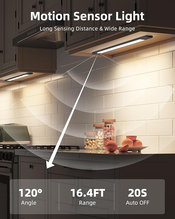 EZVALO Under Cabinet Lighting, Motion Sensor Lights with 2 Detachable Batteries, 76 LED Dimmable Closet Lights, 3 Color Temps, Under Counter Lights for Kitchen, Wardrobe