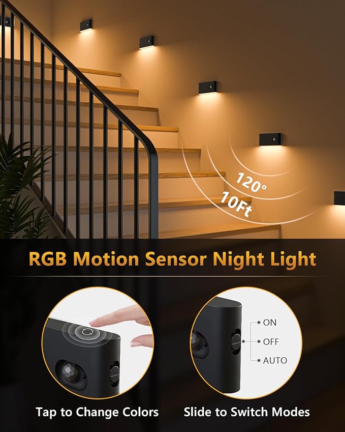 WILLED Rechargeable Night Light, RGB & Warm White Stair Lights Indoor, Color Changing Motion Sensor Light Indoor, Motion Sensor Night Light for Stair,Hallway,Bathroom,Cabinet,Closet,Kitchen,6 Pack