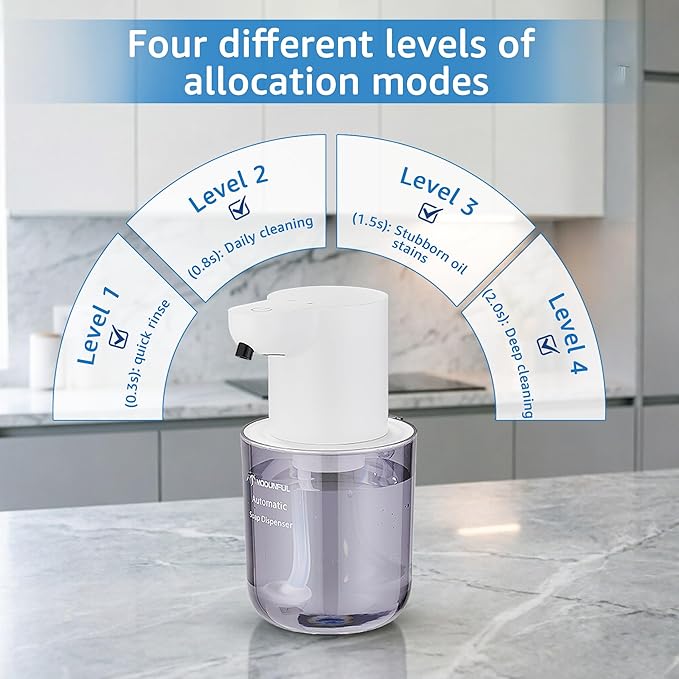 Automatic Foaming Soap Dispenser for Bathroom: 4-Level Adjustable Countertop/Wall Mount Hand Soap Dispenser, 13.5oz/400ml Type-C Rechargeable – Suitable for Kitchen, Bathroom, Office, Hotel (White)