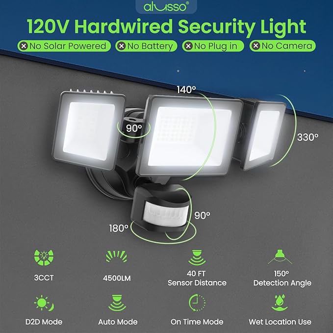 ALUSSO Motion Sensor Outdoor Lights Hardwired(Not Solar),Flood Lights Outdoor 120V, Dusk to Dawn/Auto/On Time, 3CCT 3000K/4000K/6500K Security Light,ETL,3 Modes Classic Black 40W 4500LM