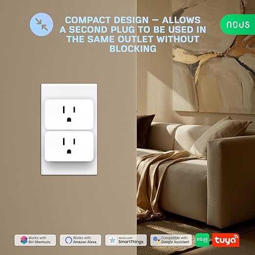NOUS Wi-Fi Smart Plug 15A, Dual-Band 2.4GHz & 5GHz, Energy Monitoring, Compatible with Alexa, Google Home, Tuya Smart App, Remote Control, Timer, Compact Design, Smart Outlet, 4 Pack
