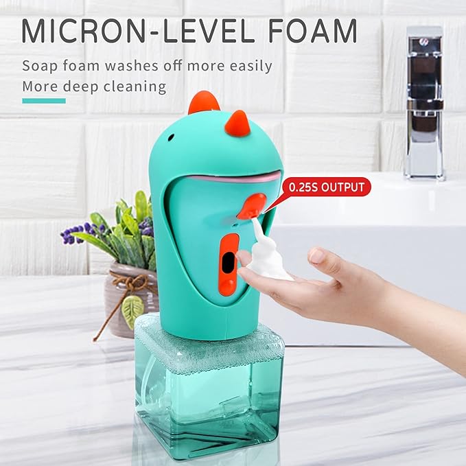 Automatic Soap Dispenser, Cute Touchless Foaming Soap Dispenser, IPX6 Waterproof, 2 Levels Foam Adjustable, Smart Hand Dispenser for Bathroom Kitchen 8.7oz/250ml (Dinosaur)
