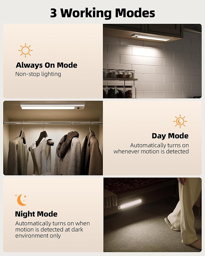 EZVALO 3 Pack Under Cabinet Lighting Wireless with Battery Indicator, 2000mAh Rechargeable Motion Sensor Light Indoor, 10inch 80 LED Under Counter Lights for Kitchen Closet, 3 Color Temps, Dimmable