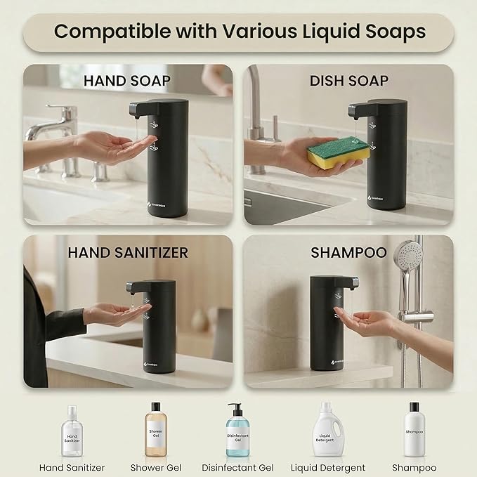 GentleJet SmoothDrop Automatic Liquid Soap Dispenser Touchless, No-Drip Precision Pump, USB-C Rechargeable, 304 Stainless Steel, Waterproof Countertop Dispenser for Kitchen & Bathroom Sink, 270 ml