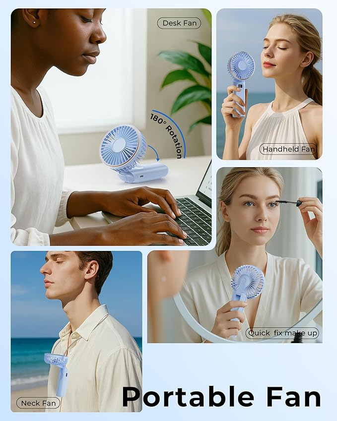 TUNISE Portable Handheld Fan, Portable Fan Rechargeable, 4000mAh, 180° Adjustable, 6 Speed Wind, Display Electricity in Real Time, USB Rechargeable Foldable Fan, Quiet Personal Fan as Power Bank