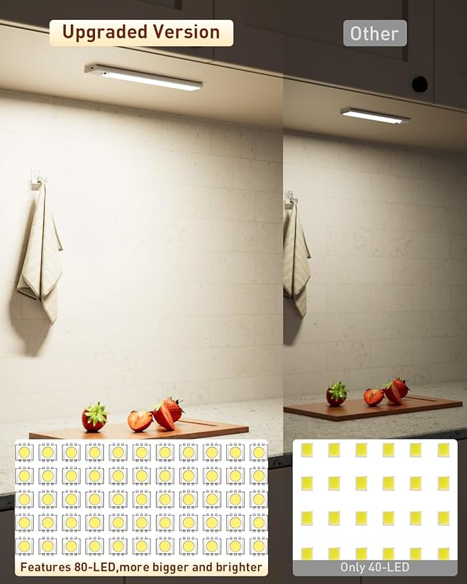 Under Cabinet Lighting,80-LED Rechargeable Motion Sensor Light Indoor, 12 Inch Closet Lights Wireless, Dimmable & 3 Color Temps Stick on Under Counter Lights for Kitchen Closet Stair Bedroom