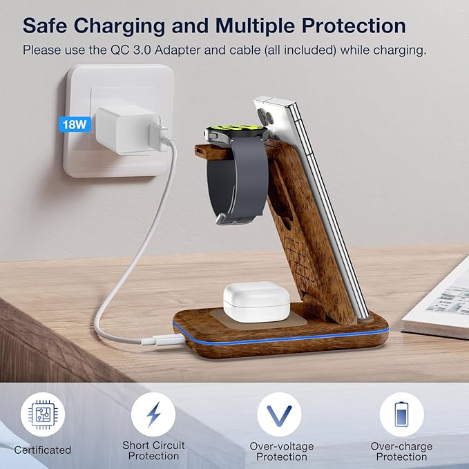 Wireless Charger for Samsung/Android, HOLYJOY Foldable 3 in 1 Fast Charging Station/Stand/Multi Charger for Samsung S25 Ultra/S24/Note 20, Travel Pad for Galaxy Watch 8/7/6/5/Active 2, for Buds(Wood)